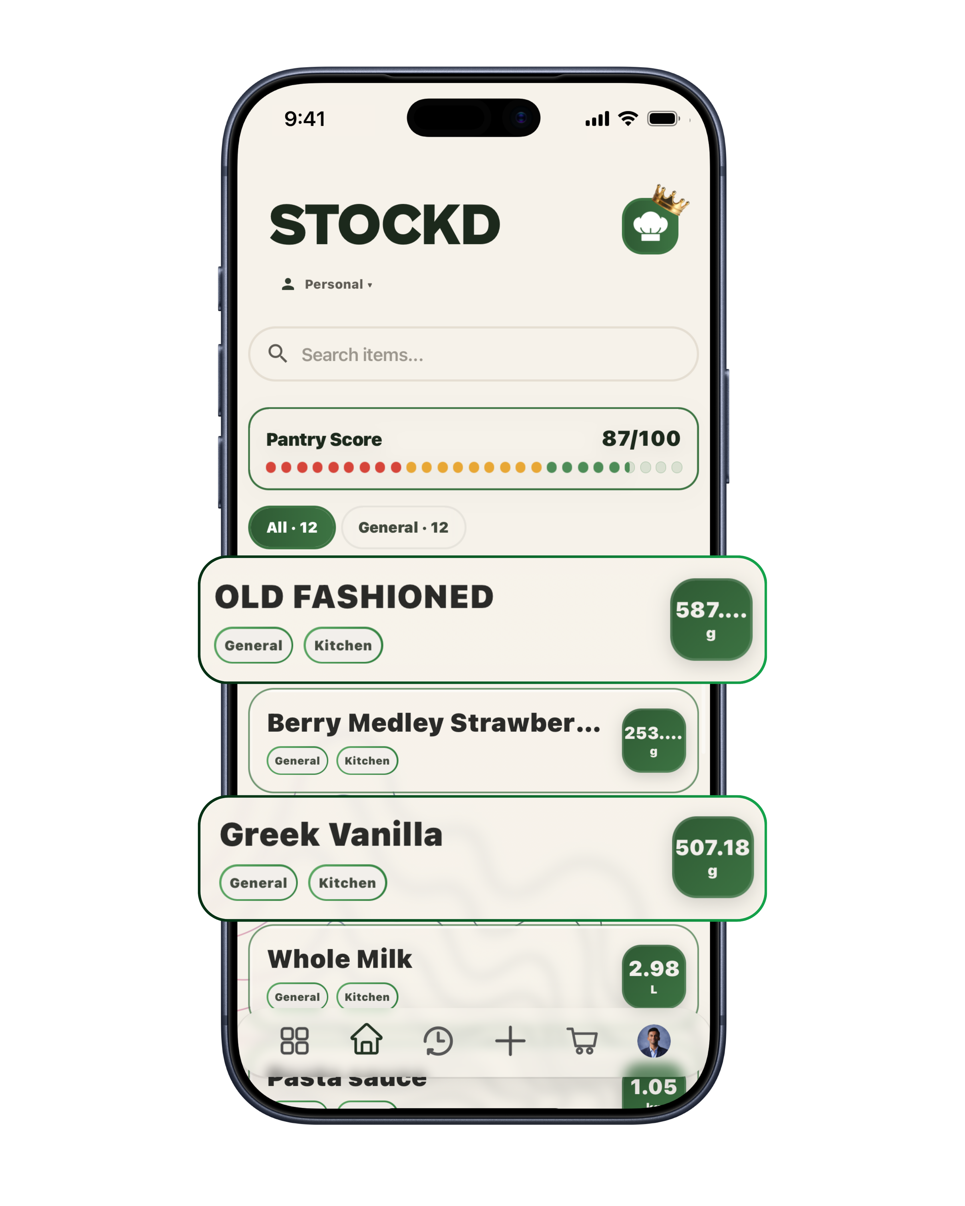 STOCKD pantry list screen